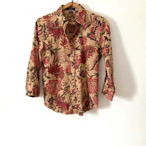 80’s 90’s Cotton Floral Paisley Blouse CHAPS Taupe Red Green Pink Beige Medium M - Picture 1 of 8